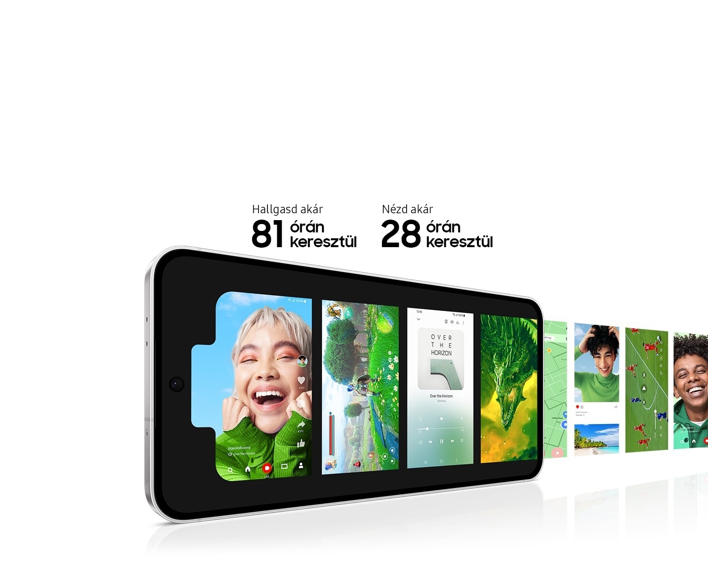 Egy kissé elforgatott Galaxy S24 FE szemből látható. A képernyőn különböző típusú mobilszórakoztatási lehetőségek jelennek meg egy akkumulátor alakú kollázsba rendezve. A kollázs a képernyőből kinyúlik, kiemelve a meghosszabbított akkumulátor-üzemidőt. A szöveg szerint: zene lejátszás akár 81 óra, videó lejátszás akár 28 óra.