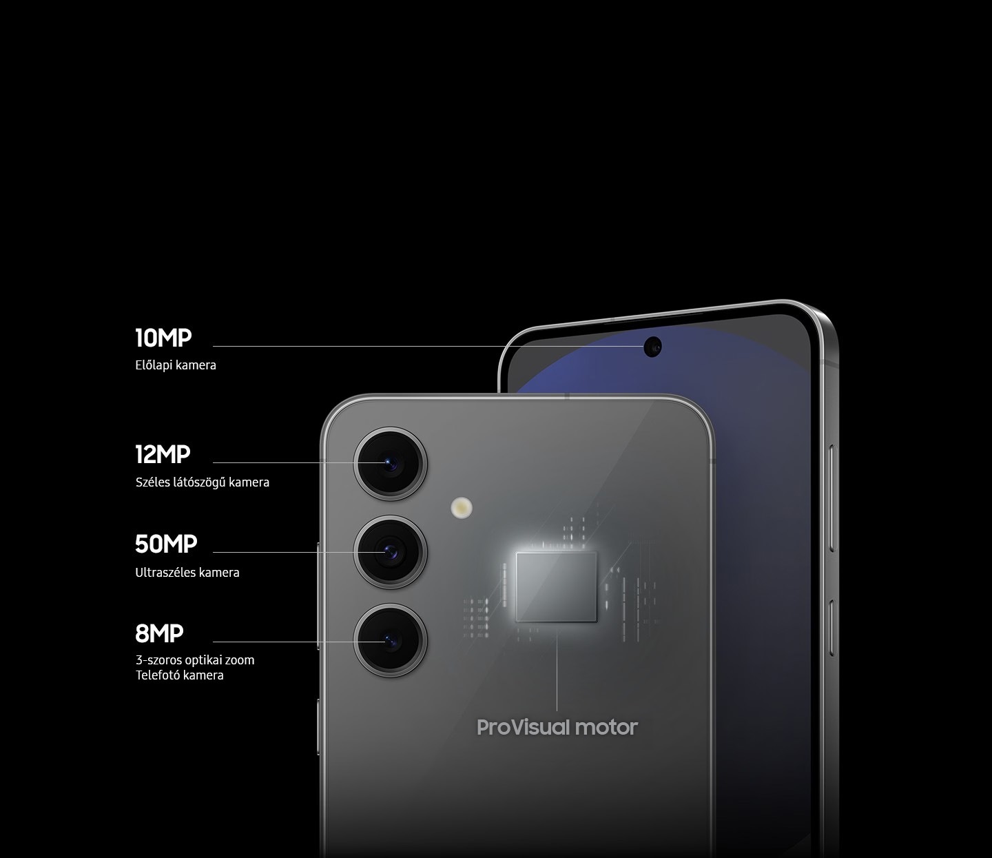 Két Galaxy S24FE készülék látható. Az egyik elölről látható és a 10 MP-es előlapi kamerát mutatja, míg a másik hátulról nézve, kiemelve a három hátsó kamerát, amelyek a 12 MP Ultraszéles látószögű kamera, az 50 MP széles látószögű és a 8 MP 3x-os optikai zoom felirattal vannak ellátva. A készülék hátulján látható izzó ProVisual motor.