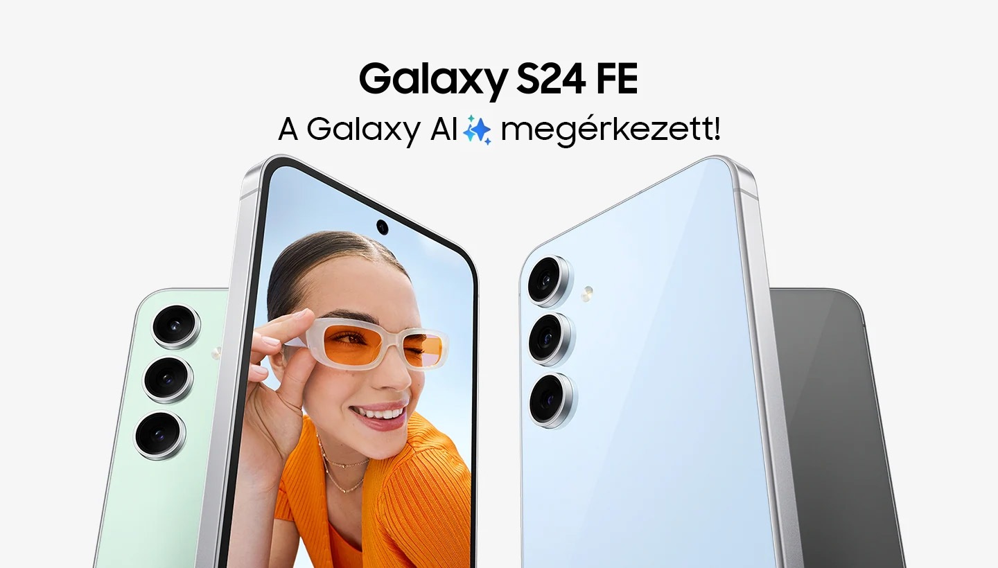 Négy Galaxy S24 FE készülék menta, grafitszürke, és kék színben látható. A készülékek kissé elfordított szögben állnak, a grafitszürke telefon elölről látható és a képernyőjén egy napszemüveges, a kamerába mosolygó nőt mutat.