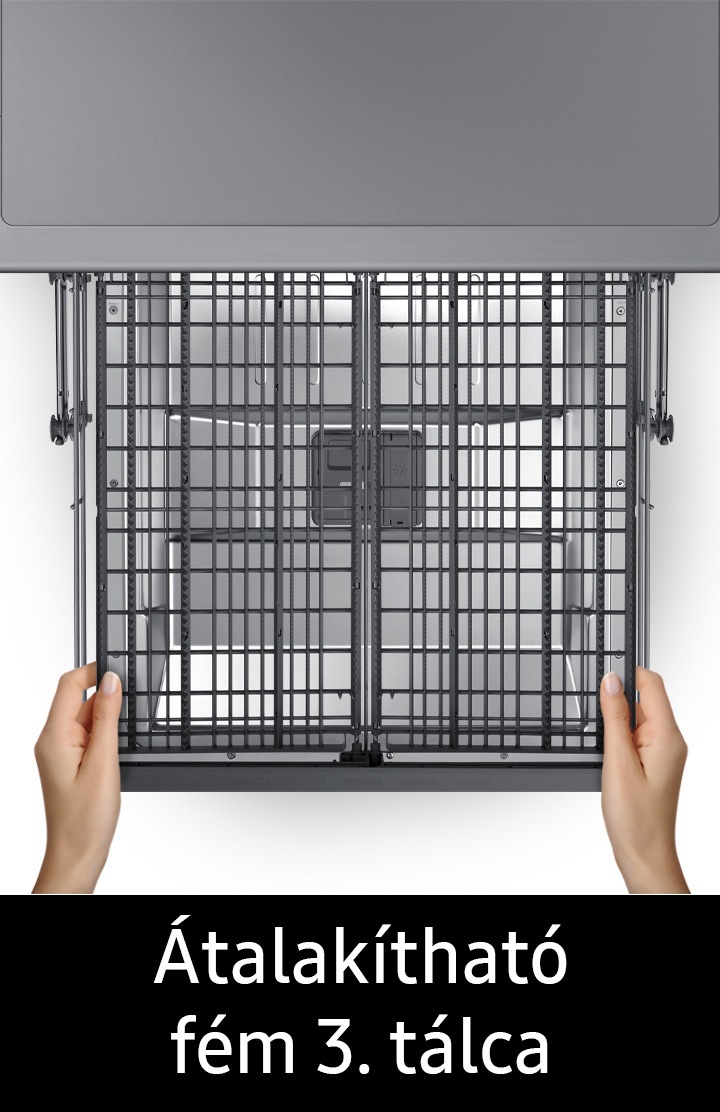 Kéz húzza kifelé  az evőeszközöknek és konyhai eszközöknek kialakított felső tálcát.