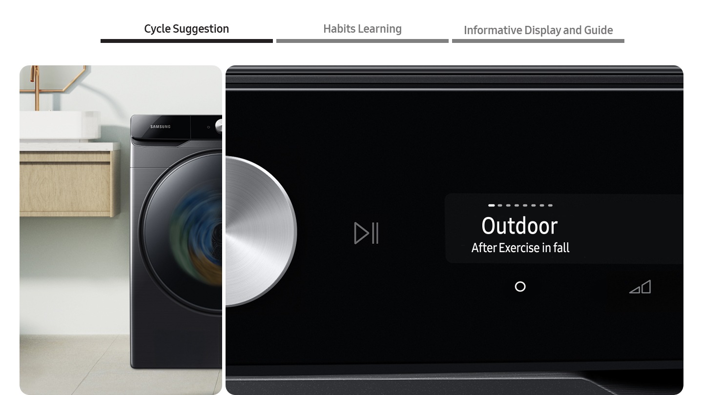 The AI dryer’s control panel displays the Cycle suggestion, Habits learning, Informative display and guide.