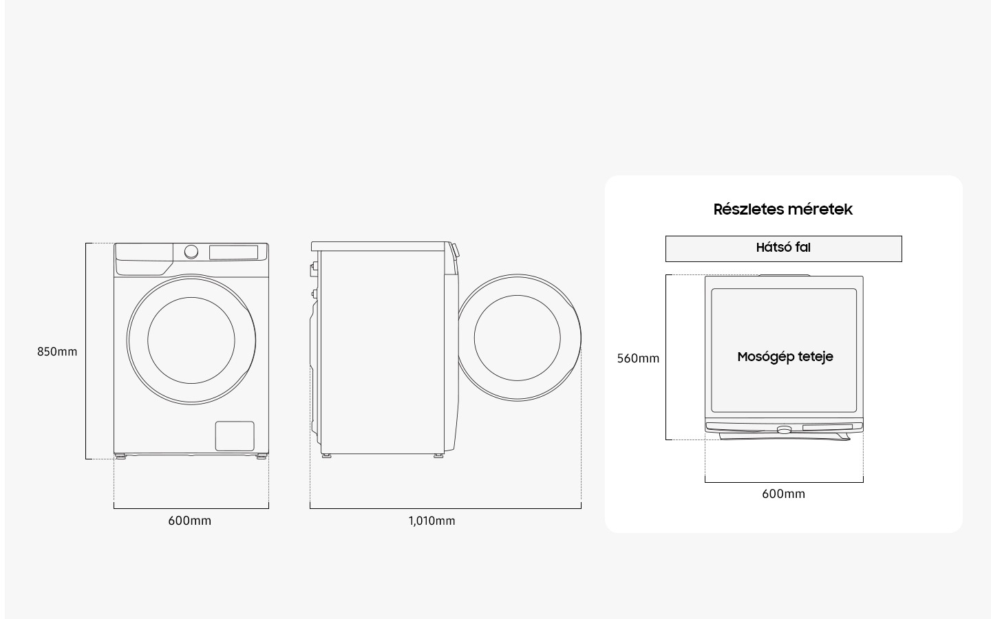 Illustration shows the Washer’s dimensions from the front, side, and top. Detail size is measured 600mm in width, 850mm in height, and 560mm in depth. When the door in the front is opened, it measures 1,010mm in total width. The washer must be installed with some spacing from the rear wall.
