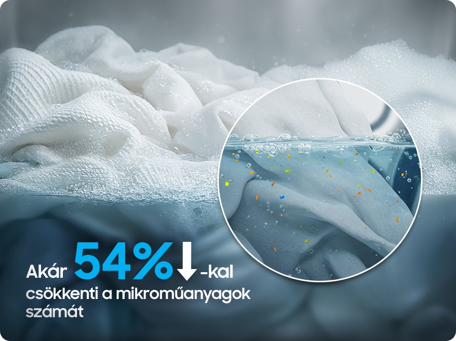 A mosnivaló habos vízben úszik. Egy közeli felvétel mikroplasztik darabokat mutat a vízben. A „Kevesebb mikroszál ciklus” program akár 54%-kal csökkenti a mikroplasztik mennyiségét.