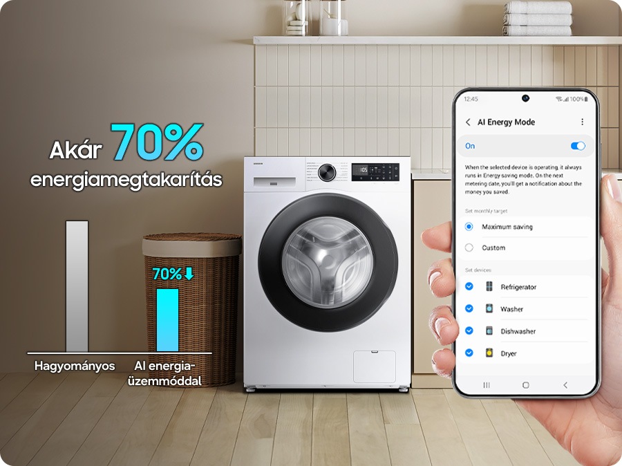 AI ​​Energia Üzemmód beaktiváható a "Be" gomb benyomásával, majd kiválaszthatjuk a elíndításra váró készüléket a telefonunkról. Akár 70%-kall több enerigát takarít meg, mint a meglévő többi megoldások.  