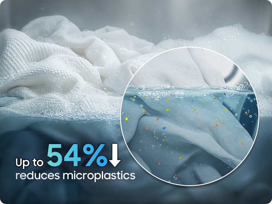 A ruhák habos vízbe merülnek. A közeli felvétel a vízben lévő mikroműanyag-darabkákat mutatja. A Less Microfiber program akár 54%-kal csökkenti a mikroműanyagok mennyiségét.