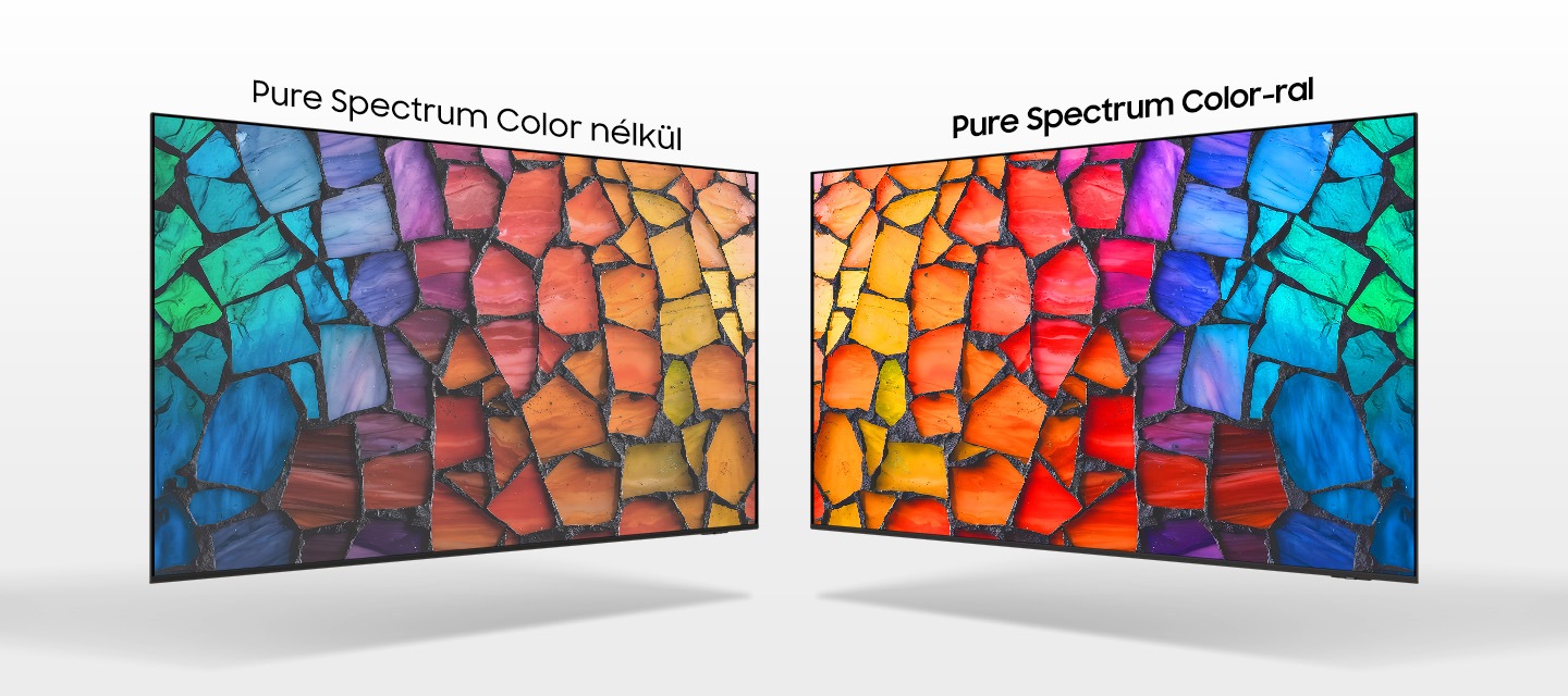 Két TV látható egymás mellett. A „Pure Spectrum Color nélkül” felirattal ellátott TV képe fakó és sz…