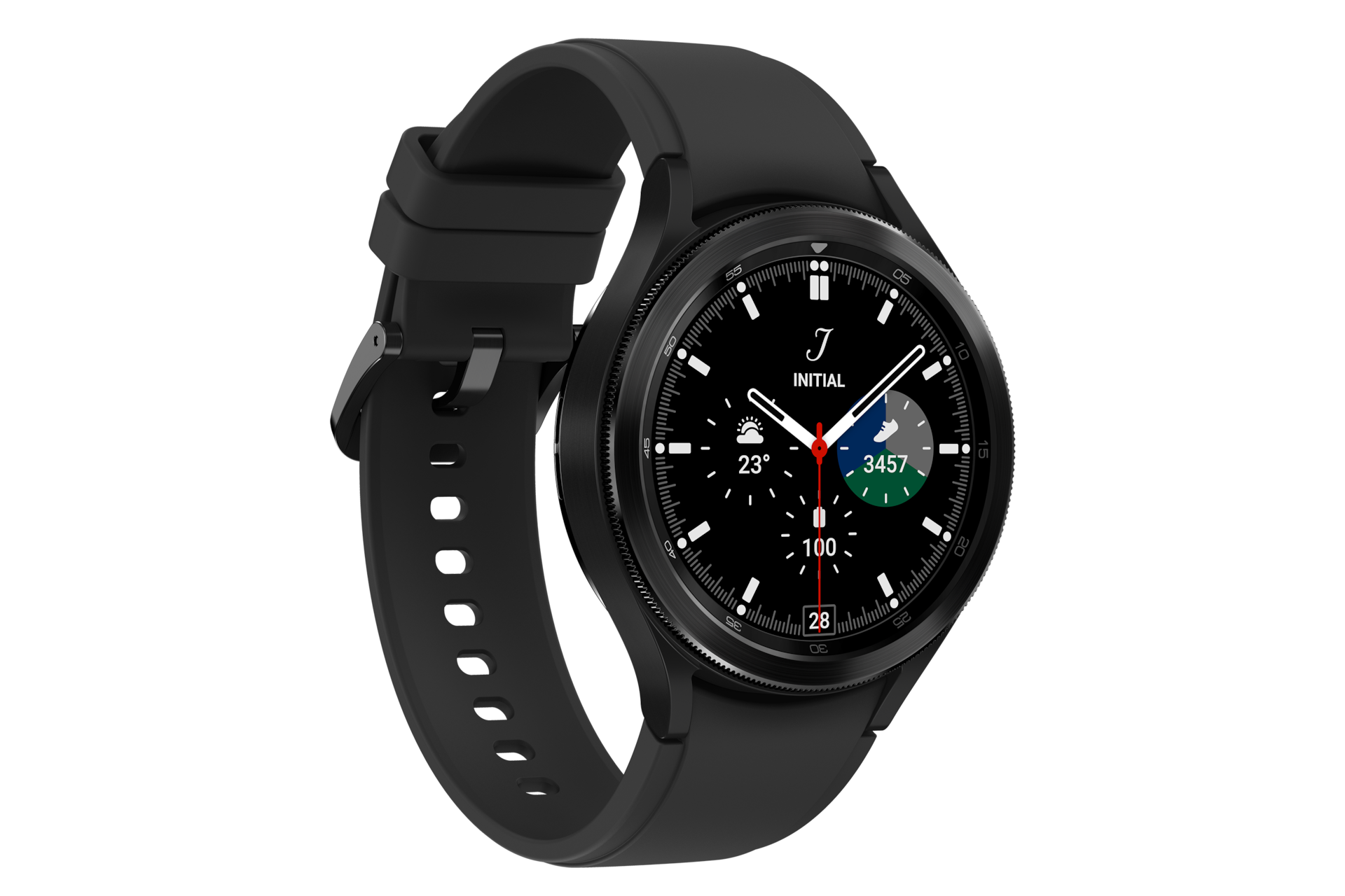 Sudut pandang isometris kiri Samsung Galaxy Watch 4 smartwatch warna hitam. Cek harga sekarang di Samsung Indonesia