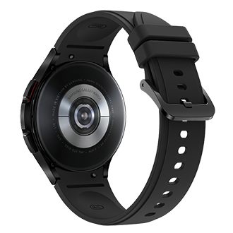 Sudut pandang dinamis Samsung Galaxy Watch4 smartwatch warna Hitam. Cek Harga sekarang di Samsung ID