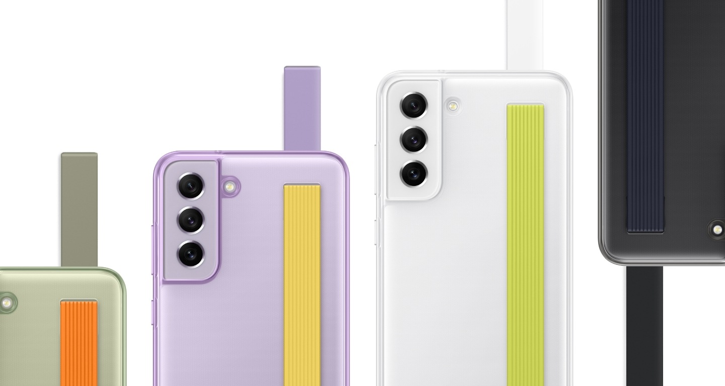 Four Galaxy S21 FE 5G phones, all seen from the rear with the Slim Strap Cover installed to show the different combinations of phone colors and strap colors.