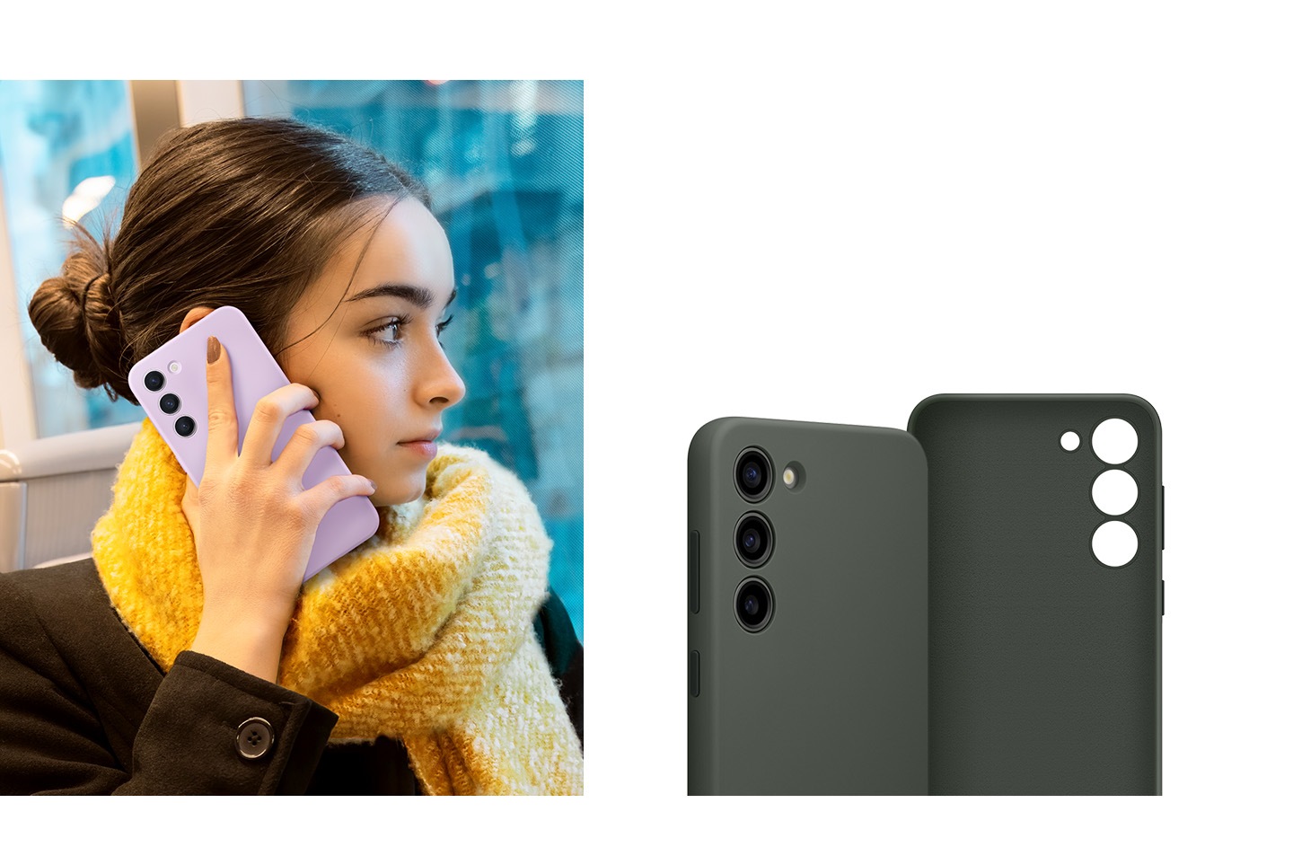 Seorang wanita menggenggam ponsel Galaxy S23+ yang memakai Silicone Case di dekat telinganya. Gambar close-up bagian luar dan bagian dalam Silicone Case juga ditampilkan.