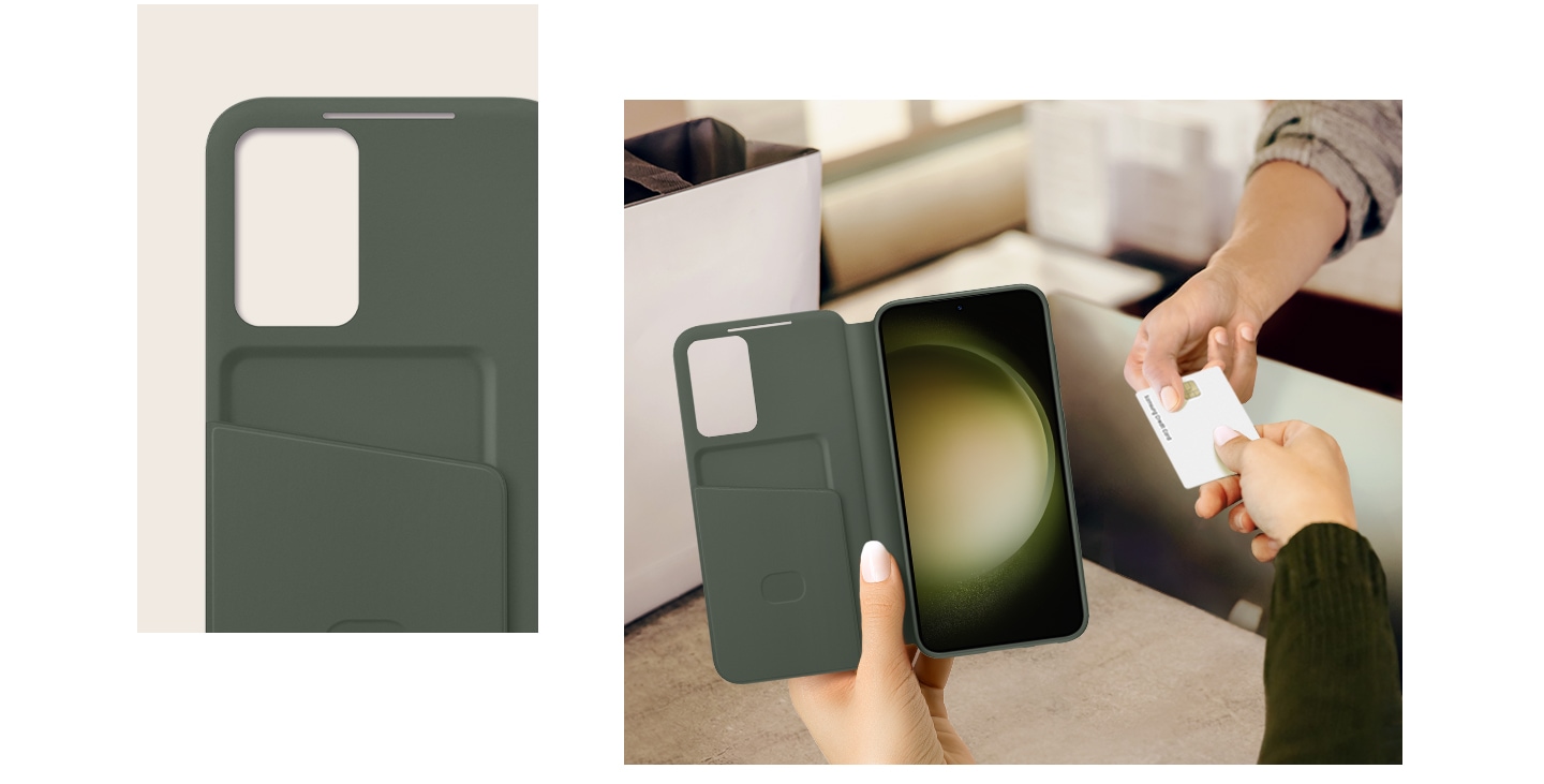 Gambar close-up bagian dalam Smart View Wallet Case dengan sebuah slot kartu. Seseorang memberikan kartu yang dikeluarkan dari slot kartu yang ada pada casing kepada orang lain.