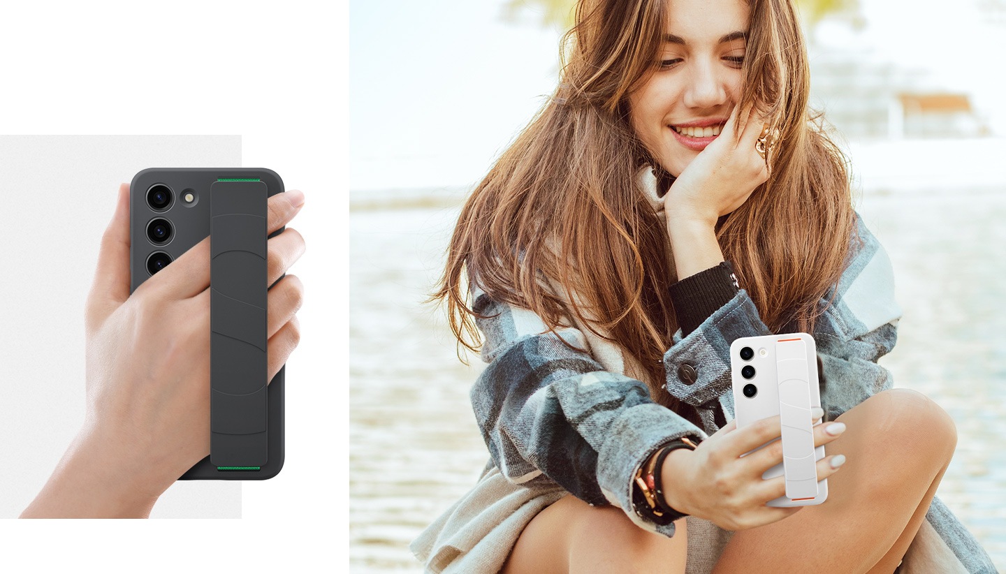 Gambar tangan yang sedang menggenggam HP Galaxy S23 menggunakan strap. Di sampingnya, seorang wanita tersenyum sambil menggenggam ponselnya dengan menggunakan strap yang ada pada Silicone Grip Case.