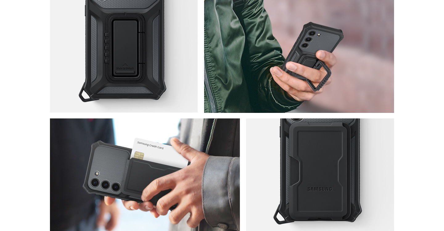Beragam aksesori yang bisa dilepas-pasang pada Rugged Gadget Case, termasuk camera grip stand, slim stand, dan card slot stand.