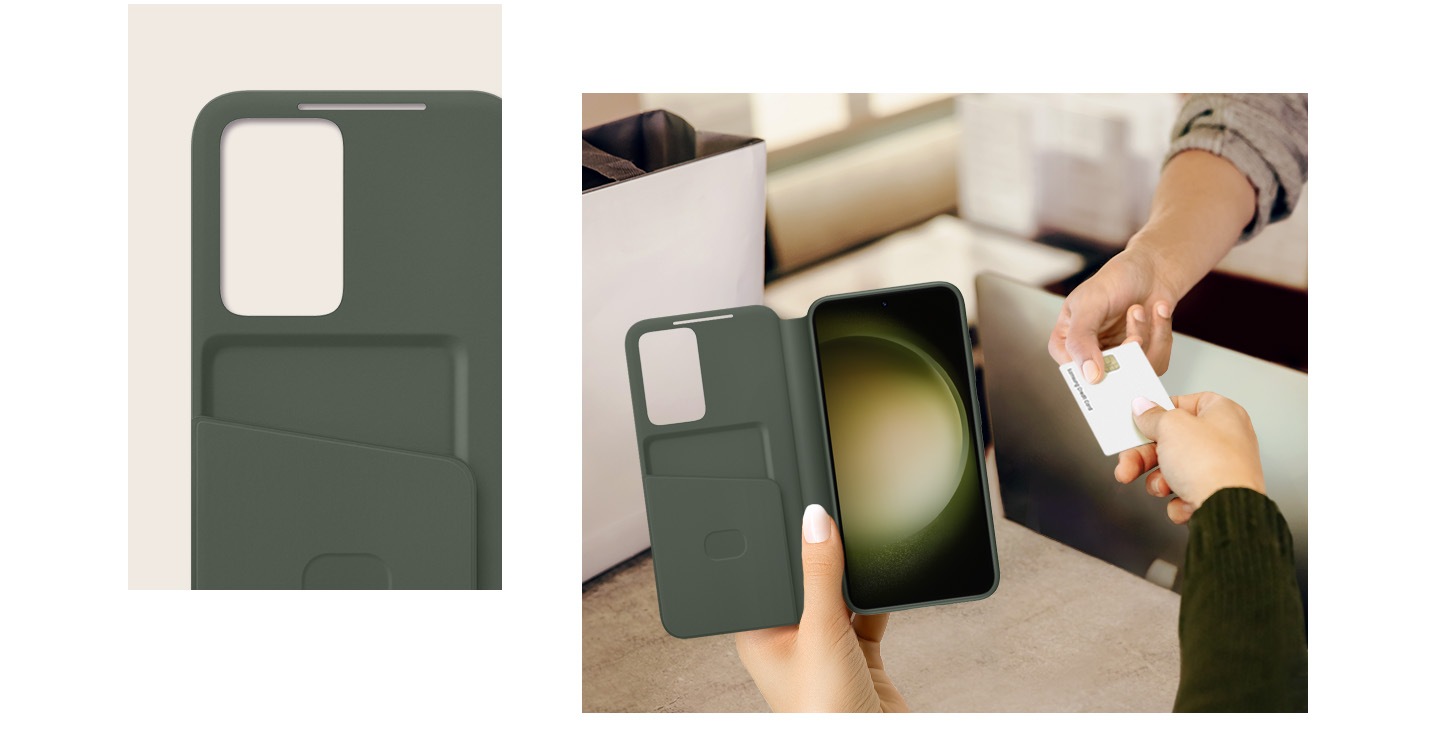 Gambar close-up bagian dalam Smart View Wallet Case dengan sebuah slot kartu. Seseorang memberikan kartu yang dikeluarkan dari slot kartu yang ada pada casing kepada orang lain.