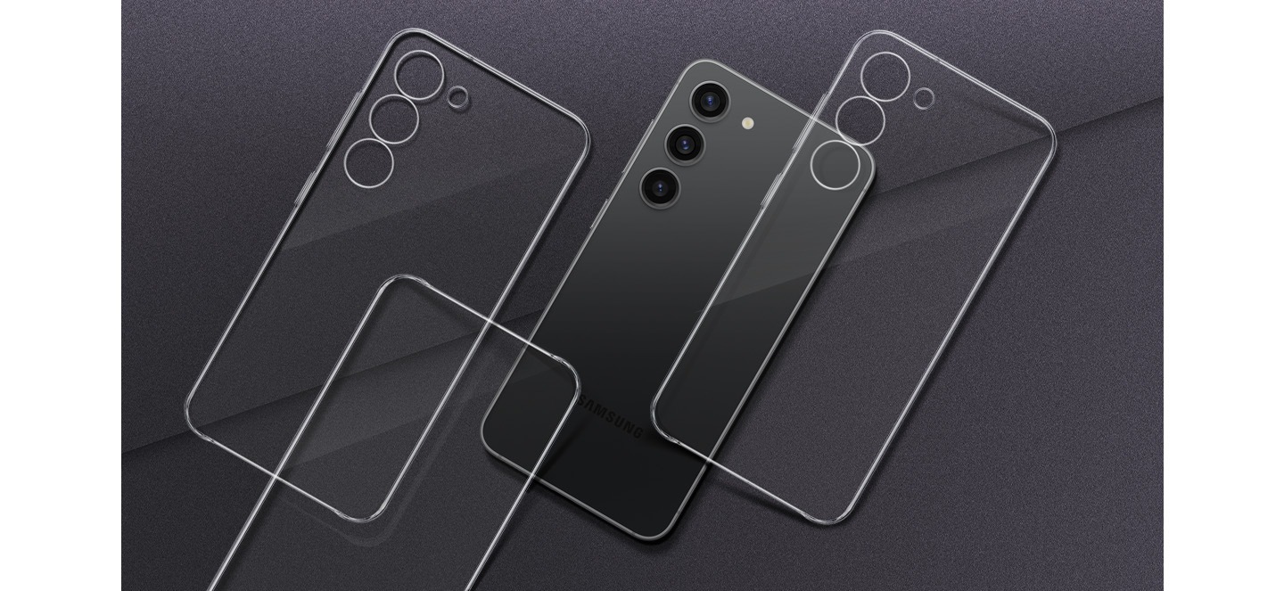 Gambar tampilan belakang ponsel Galaxy S23 dengan Clear Case serta bingkai persegi panjang di atas ponsel untuk menunjukkan kejernihan casing.