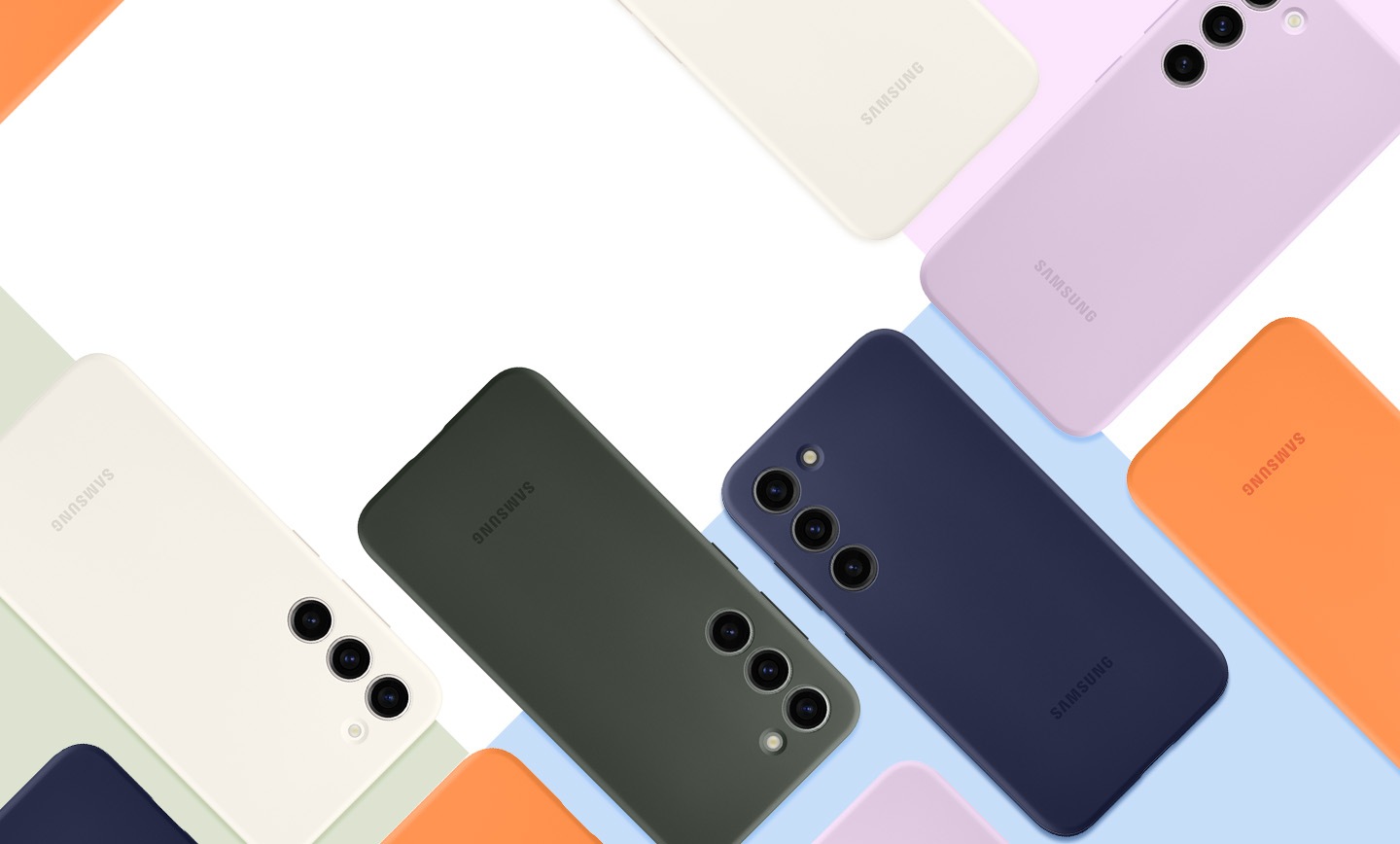 Gambar bagian belakang ponsel-ponsel Galaxy S23 yang menggunakan Silicone Case berwarna-warni. Gambar diambil dari atas.
