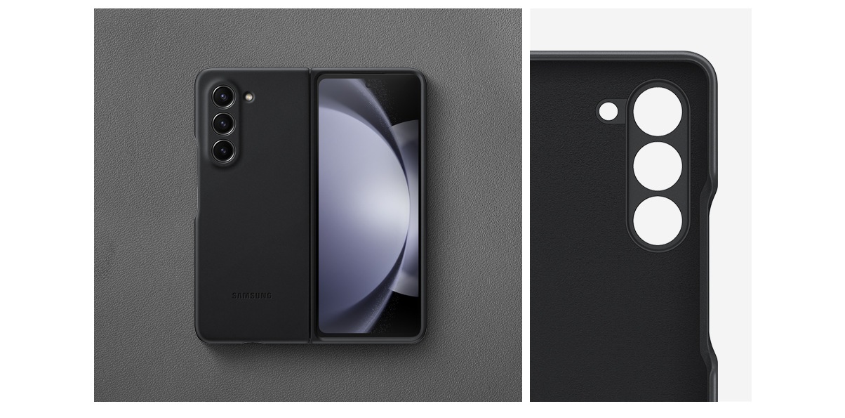 Tampilan belakang Galaxy Z Fold5 yang terbuka dan mengenakan Eco-Leather Case berwarna black. Di sampingnya terdapat tampilan close-up lubang kamera casing. 