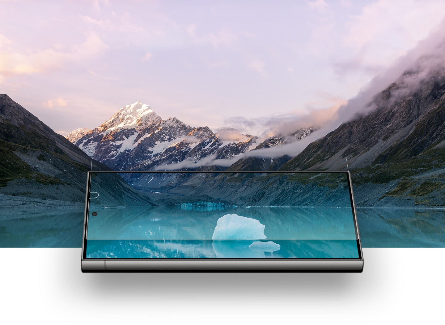 The Galaxy S24 Ultra with the Anti-Reflecting Screen Protector is overlaid on a snowy landscape of mountains and a lake. The clarity of the landscape can be seen through the lenses-like transparency of the screen protector.