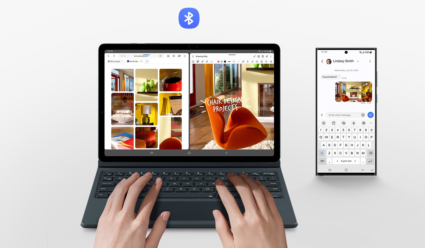 Seseorang menggunakan Galaxy Tab S9 dengan Book Cover Keyboard. Layarnya terbagi menjadi dua jendela dengan beberapa hasil gambar furnitur rumah di web, dan salah satu gambar sedang diedit. Smartphone Galaxy dengan gambar pada layar saat huruf sedang diketik dengan keyboard pada cover. Logo Bluetooth ditampilkan. 