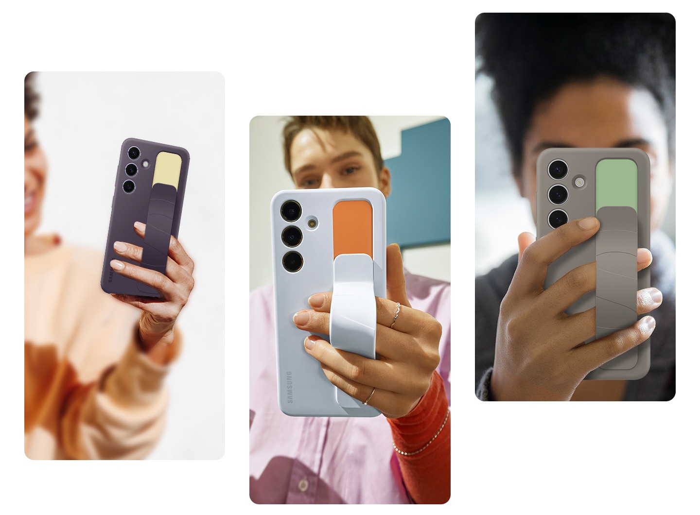 Three young people are holding the Strap of the Standing Grip Case in dark violet, light blue and taupe from left to right. Each person shows the ease of holding the phone as a right-handed or left-handed user, showcasing various lifestyle shots in different colors.