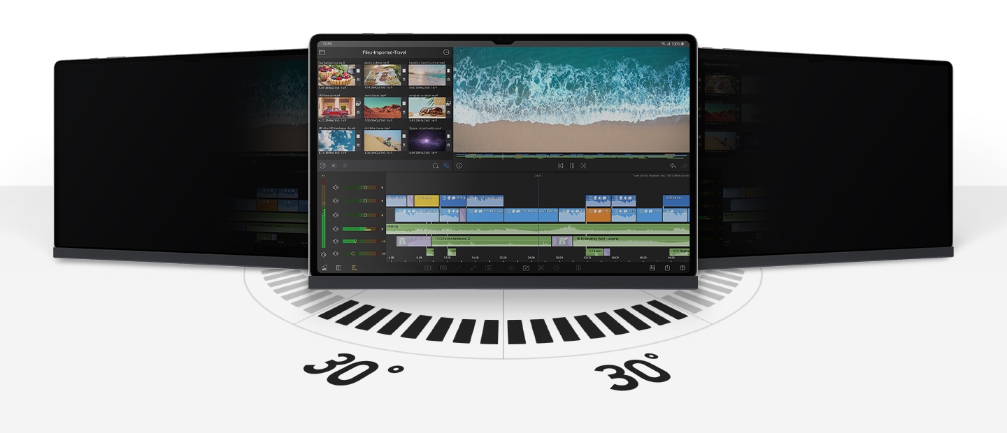 Tampilan depan Galaxy Tab S9 Ultra dalam mode Landscape yang menggunakan Privacy Screen terlihat dengan layar yang mudah dilihat dalam 30 derajat. Perangkat di sebelah kiri dan kanan yang dimiringkan, terlihat hitam. 