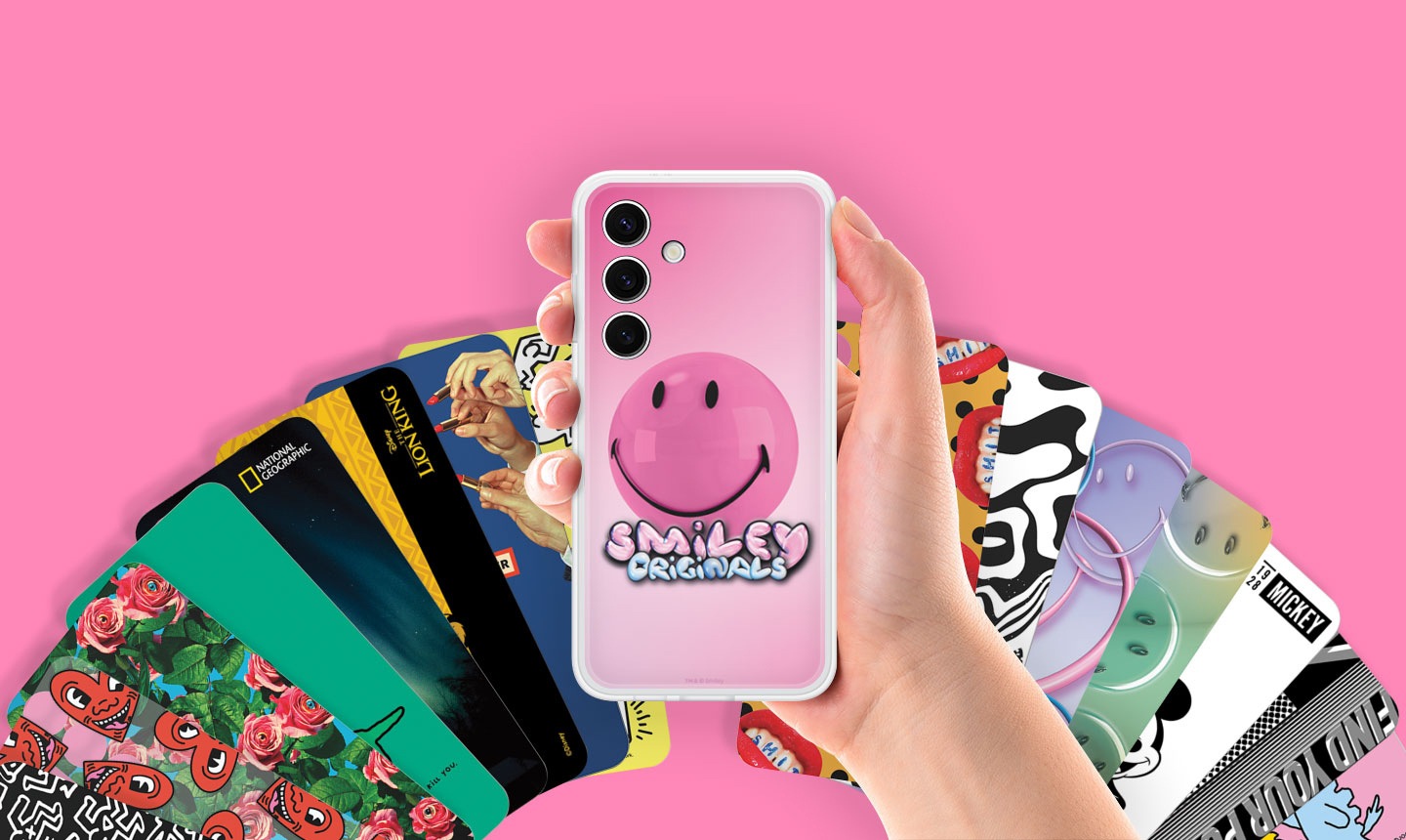 The back view of the Galaxy S24 in different Flipsuit Case designs showing a continuous rotation of interactive Flipsuit Cards.