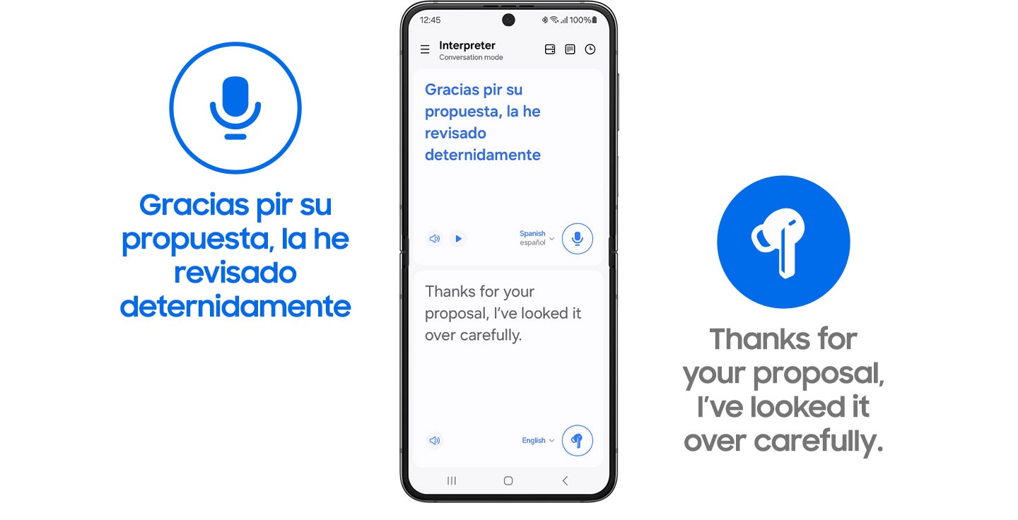 A Galaxy Z Flip6 with the Interpreter application open in conversation mode with a mic icon on the left and an earbud icon on the right.