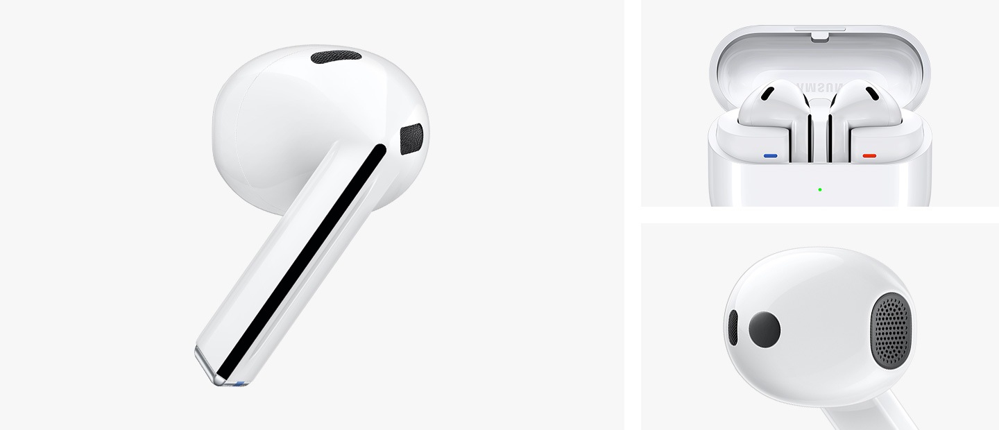 A single, Galaxy Buds3 earbud in white. Galaxy Buds3 device with the earbuds in an open case. Galaxy Buds3 earbud focusing on the head portion of the earbud.