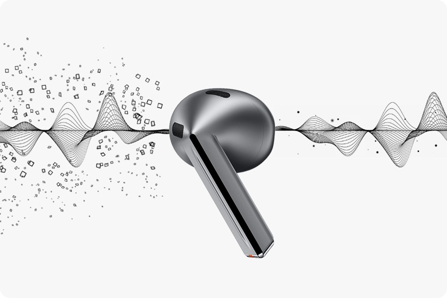 A Galaxy Buds3 earbud in silver is on the middle of the page with large particles moving in a spiral formation toward the earbud. It continues to appear on the right of the earbud sans particles.