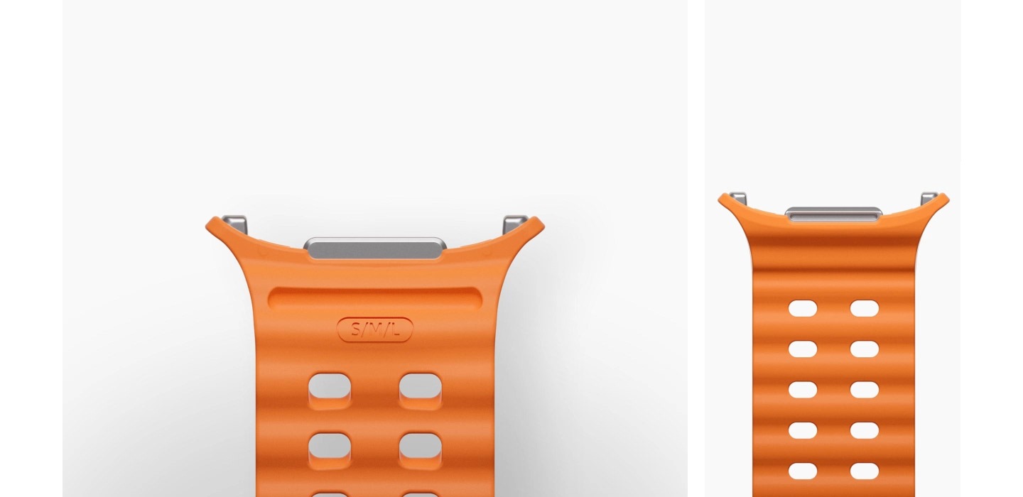 The one-click connector on the inner lining of the Galaxy Watch Ultra Marine Band easily attaches to the watch body of the Galaxy Watch Ultra.