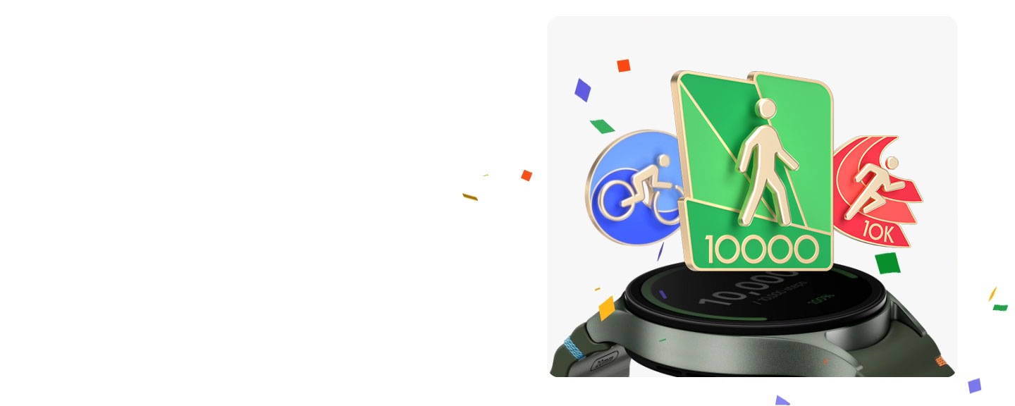 A Galaxy Watch7 displays the number of steps taken, reaching '10,000.' The watch rotates to face upward, showing a 10,000-step achievement badge, followed by a cycling badge and a running badge appearing on either side with confetti popping up.
