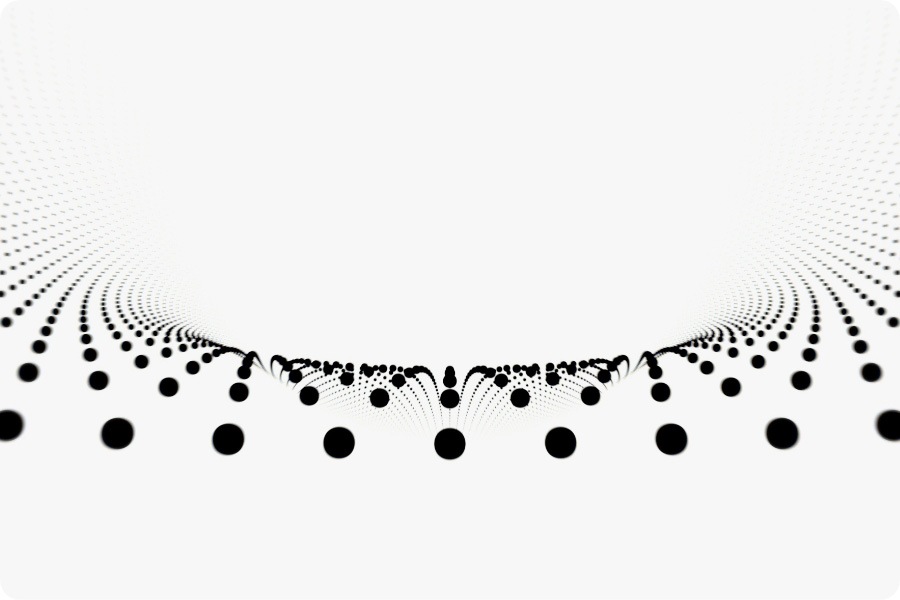 Multiple black dots form a semi-circle formation on the bottom half of the page and bounce in a slow, then rapid manner. Then shows the Galaxy Buds3 being worn.