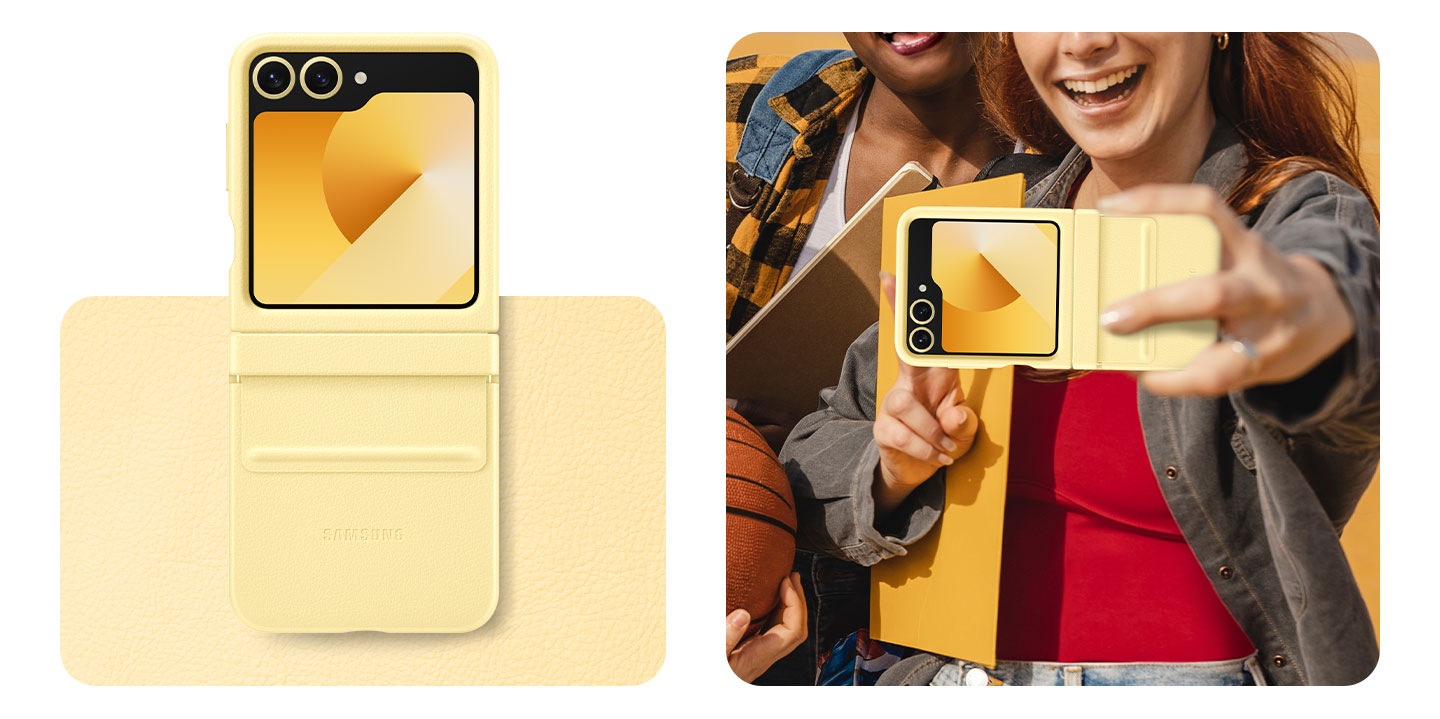 3) The phone in a yellow colored Kindsuit Case. The phone is placed on a swatch. Beside that one is a young girl taking a selfie with the phone. In her arms, she carries a folder in the same shade of yellow.