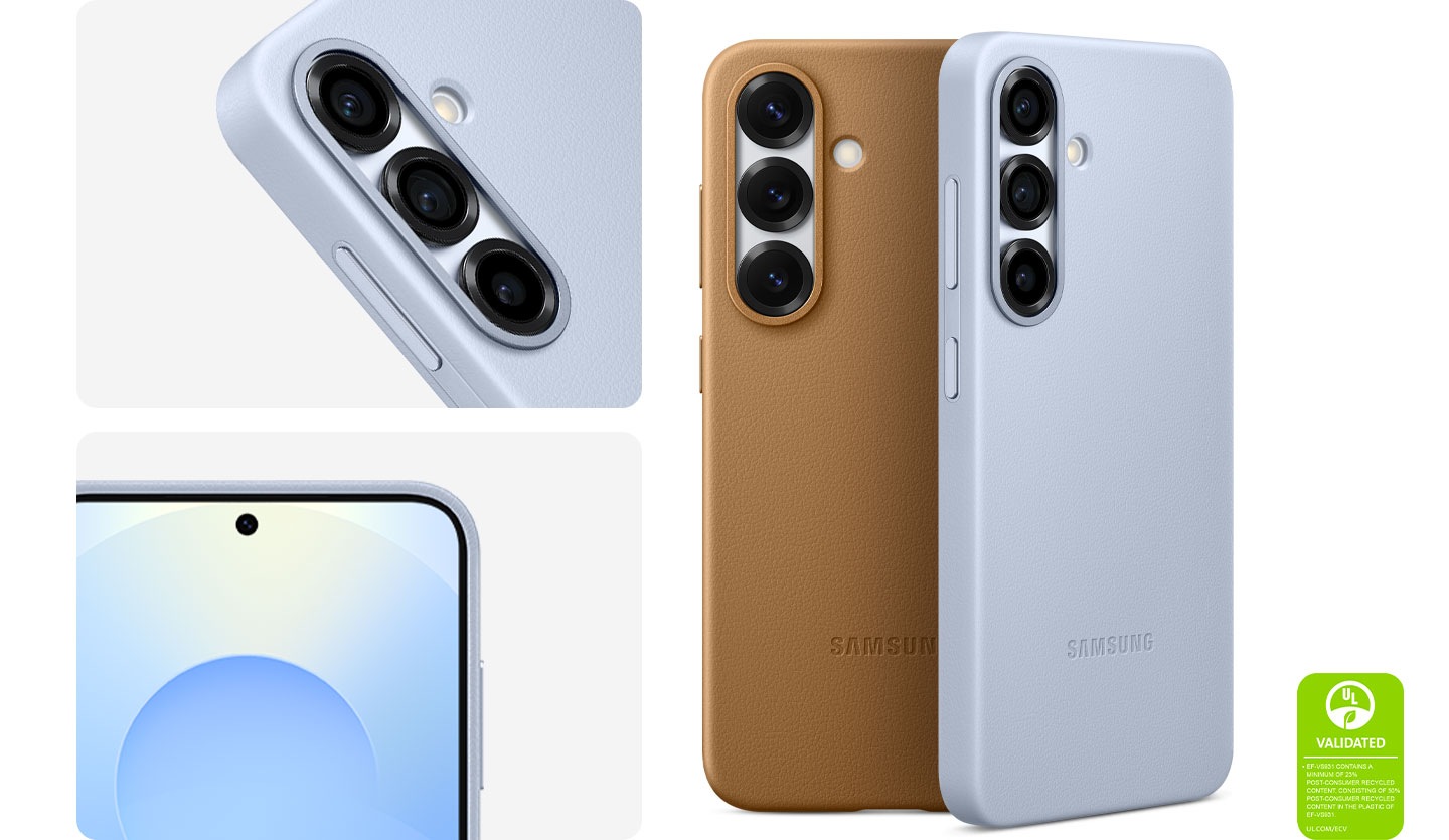 A Galaxy S25 installed with the Kindsuit Case in Camel is shown from its upper right corner, with the screen side up. The screen shows screensaver graphics. Another Galaxy S25 is installed with the same Kindsuit Case, shown from its upper half from a slanted angle and diagonally placed. Two Kindsuit Cases, each installed on a Galaxy S25, are shown vertically from the back side. They are in Gray and Camel, respectively A UL Environmental Claim Validation Mark is shown that reads 'EF-VS931 CONTAINS A MINIMUM OF 23% POST-CONSUMER RECYCLED CONTENT, CONSISTING OF 50% POST-CONSUMER RECYCLED CONTENT IN THE PLASTIC OF EF-VS931. UL.COM/ECV'.