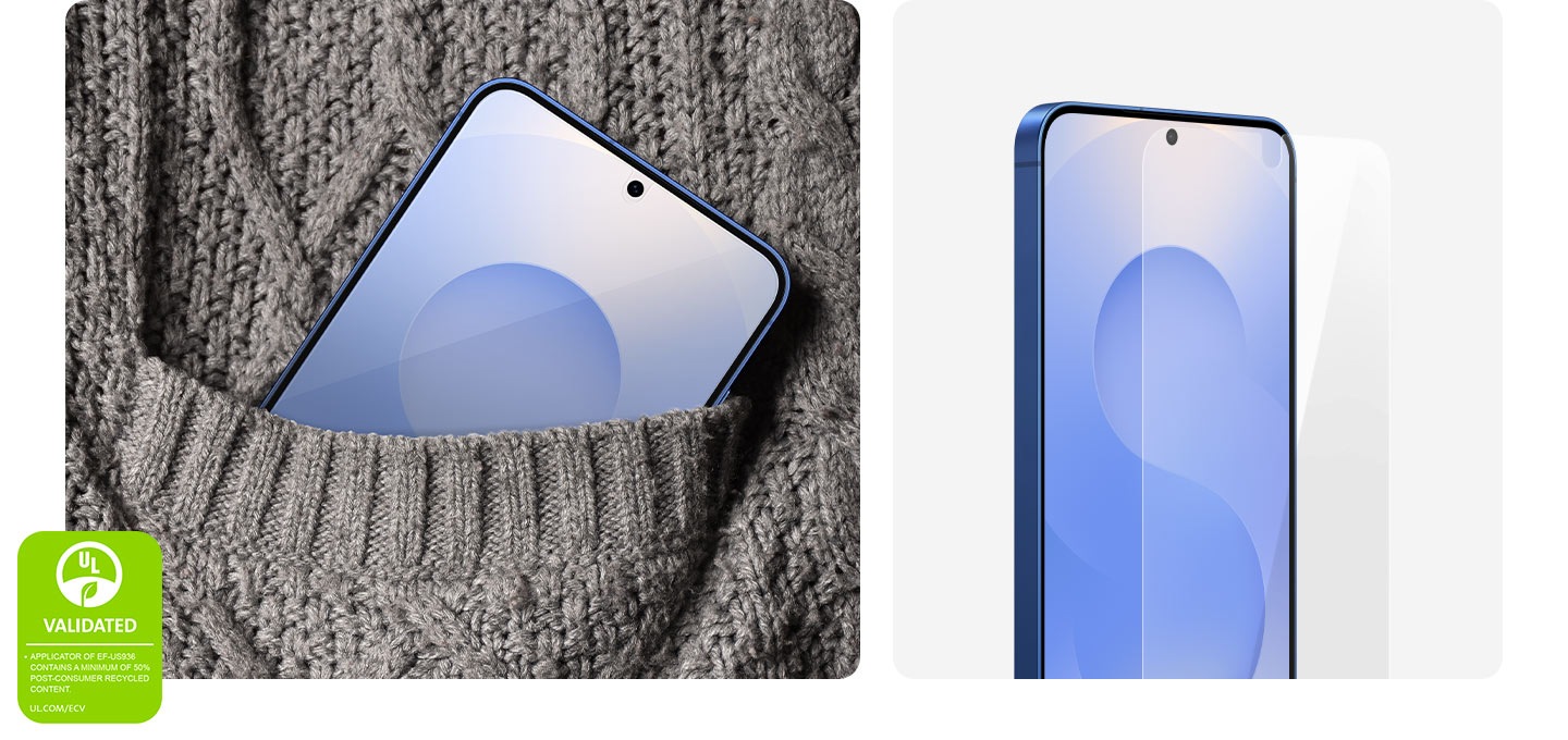 A Galaxy S25+, with the Anti-reflecting Film installed on its screen, is being put inside the holder's knitted pocket. Another Galaxy S25+ is seen from its screen, slightly angled, with the Anti-reflecting Film hovering above it. In the lower left corner, a UL Environmental Claim Validation Mark is shown that reads 'APPLICATOR OF EF-US936 CONTAINS A MINIMUM OF 50% POST-CONSUMER RECYCLED CONTENT. UL.COM/ECV'.
