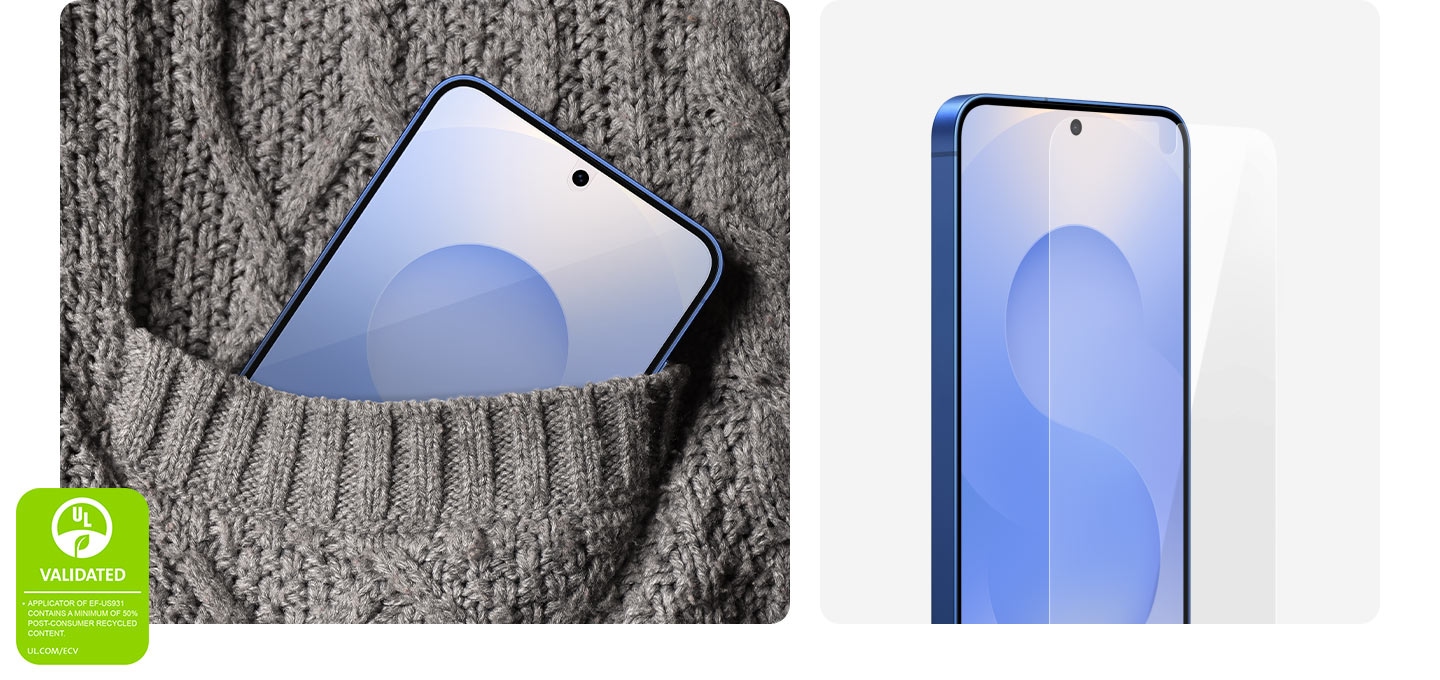 A Galaxy S25, with the Anti-reflecting Film installed on its screen, is being put inside the holder's knitted pocket. Another Galaxy S25 is seen from its screen, slightly angled, with the Anti-reflecting Film hovering above it. In the lower left corner, a UL Environmental Claim Validation Mark is shown that reads 'APPLICATOR OF EF-US931 CONTAINS A MINIMUM OF 50% POST-CONSUMER RECYCLED CONTENT. UL.COM/ECV'.