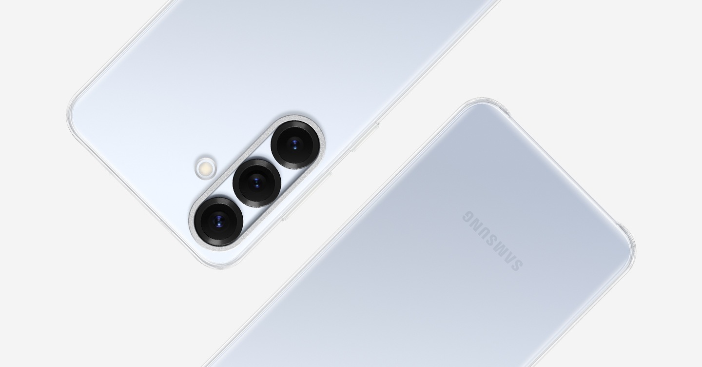 Galaxy S25 devices with the Clear Case installed are shown from bird's eye-view.