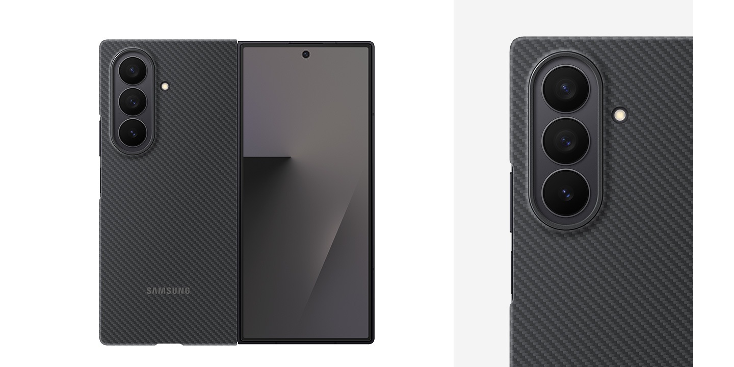 An unfolded Galaxy Z Fold7 stands upright in front view with the Cover Screen on. It has the Carbon Shield Case in Black on. There's a close-up of the area around the camera showing the case's raised edges for extra protection.
