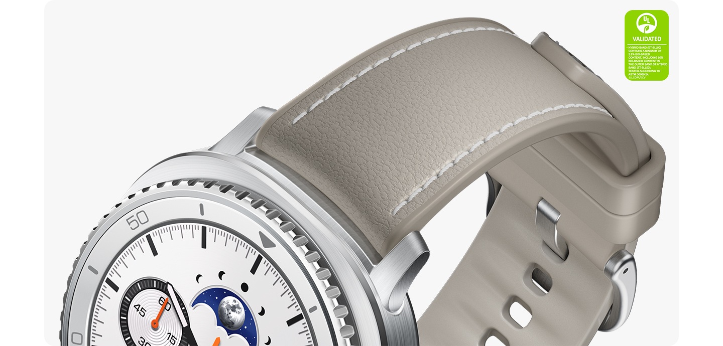 A close-up shot of the high-quality material on the Hybrid Band, which is attached to Galaxy Watch8 Classic.