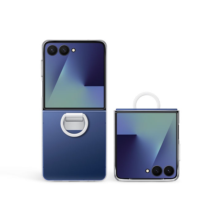 2 Galaxy Z Flip7 devices are standing upright in front view with the FlexWindow on. One is unfolded and the other is folded. They have the Ring Case (Clear) installed, showing the easy-carry rings near the hinges.