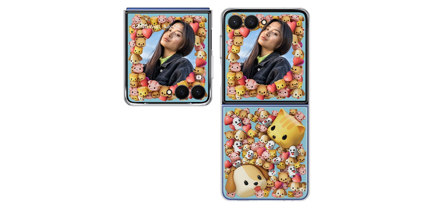 Two Galaxy Z Flip7 with customizable photo frames. One Galaxy Z Flip7 is fully closed with a woman’s portrait on the FlexWindow. The other Galaxy Z Flip7 is fully open showing the same portrait on the FlexWindow with the inserted Flipsuit Card.