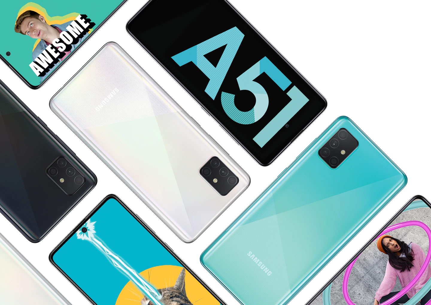 Flatlay Samsung A51s dalam berbagai warna dan wallpaper di layar, dilengkapi dengan spek 6,5 inci Infinity-O Display