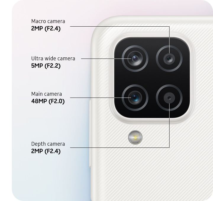 Kamera A12 Samsung terdapat 4 lensa dengan kamera utama 48MP, Kamera Ultra Wide 5MP, Depth Camera 2MP, dan 2MP Macro Camera.