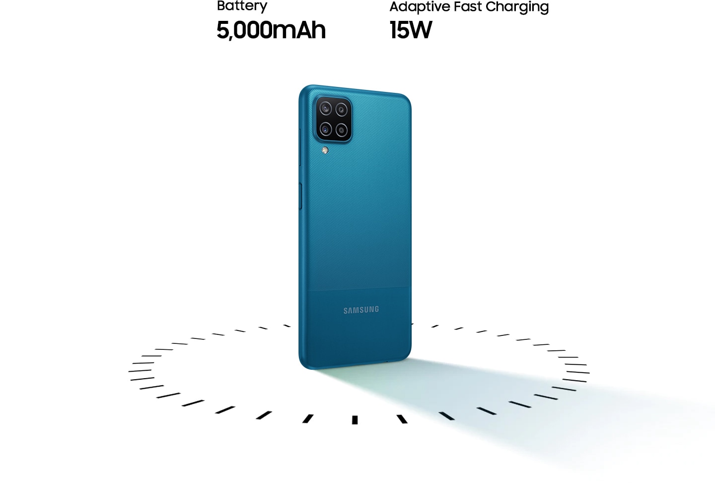 Galaxy A12 stands up, surrounded by circular dots, with the text of 5,000mAh Battery and 15W Adaptive Fast charging.