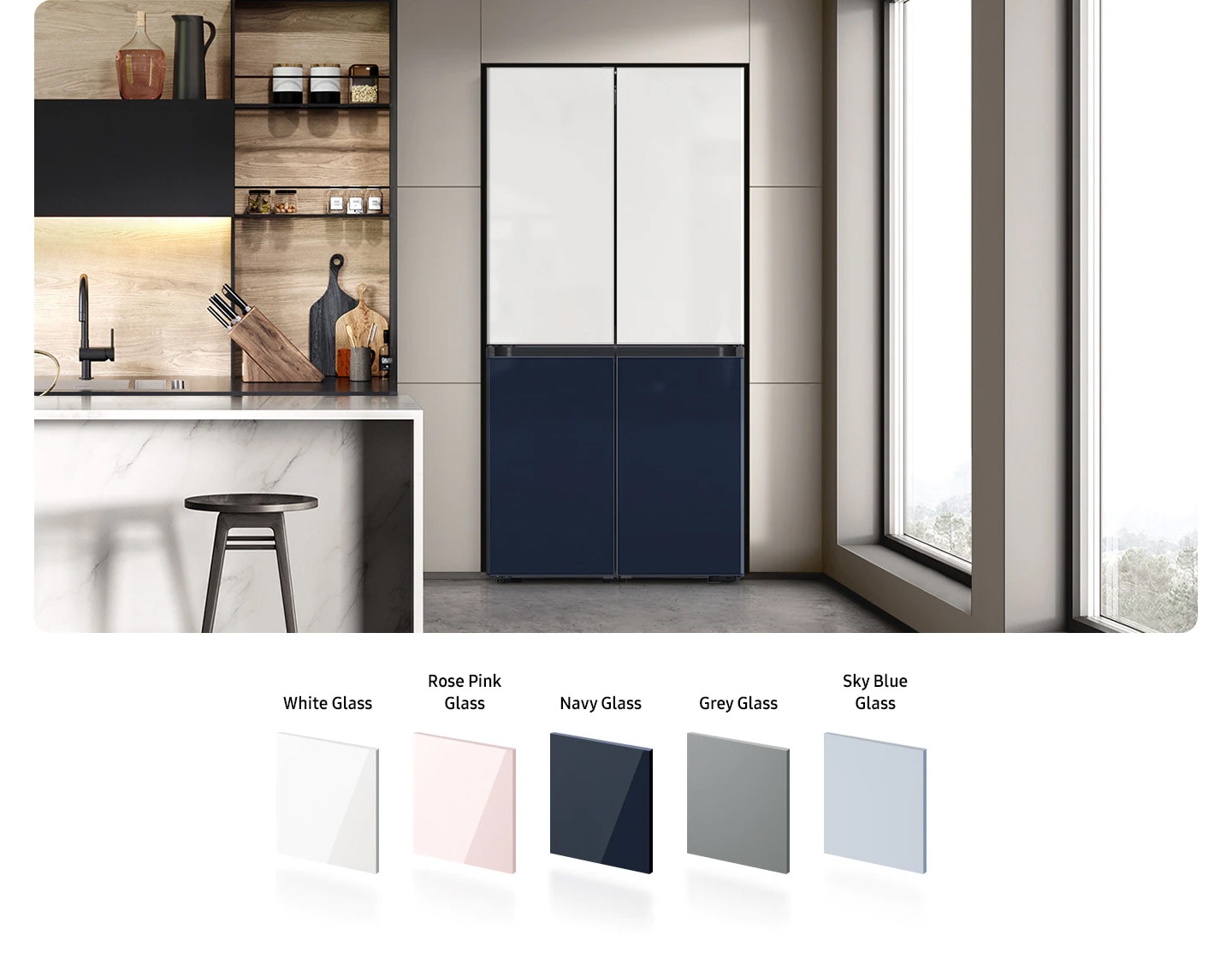 The colors on each of the 4 front panels of the Bespoke refrigerator alternate between the 8 options lined up at the bottom - Matte Black Steel, Champagne Steel, Navy Steel, White Glass, Rose Pink Glass, Navy Glass, Grey Glass, Sky Blue Glass.