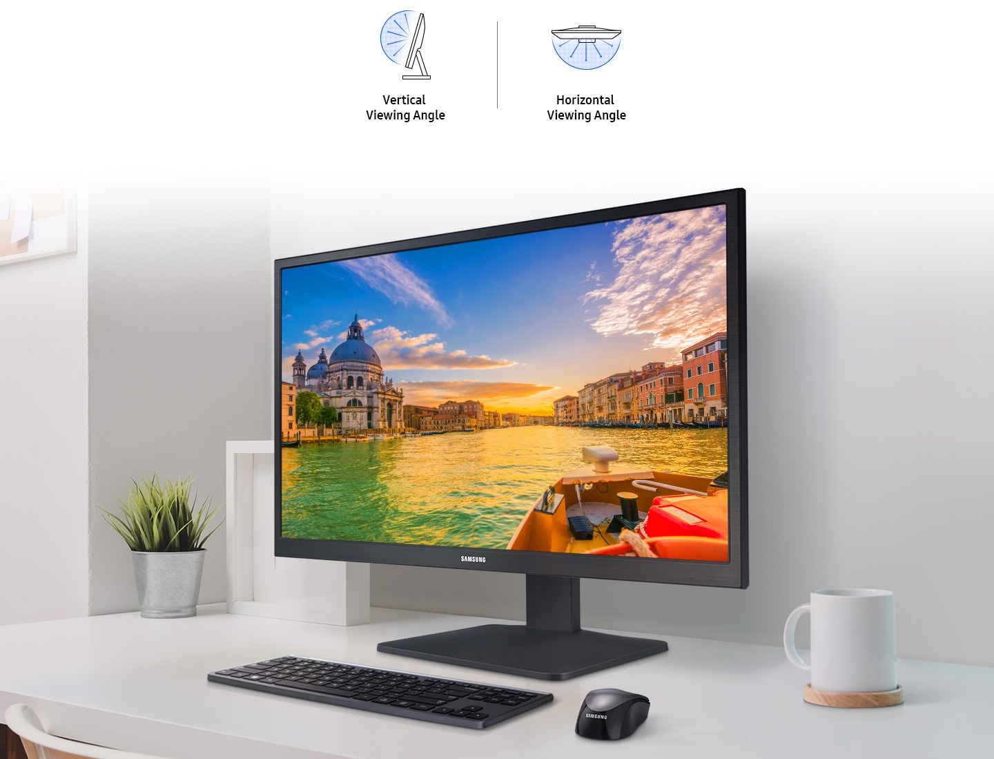 The product is placed on the desk with icons showing vertical and horizontal viewing angle.