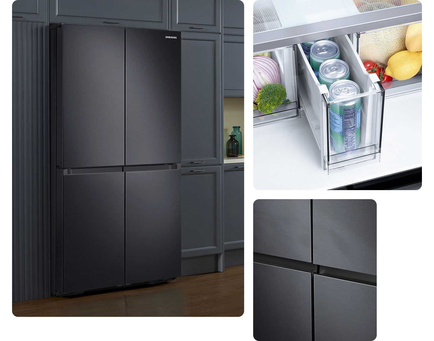 The sleek exterior of the fridge gives a clean look to the modern kitchen, with a flat finish and no recessed handles.