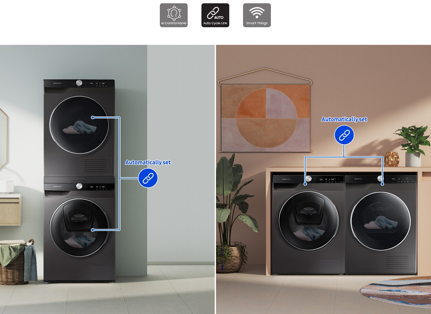 Two sets of washers and dryers are placed differently in two separate living spaces. Laundry cycles are automatically set.