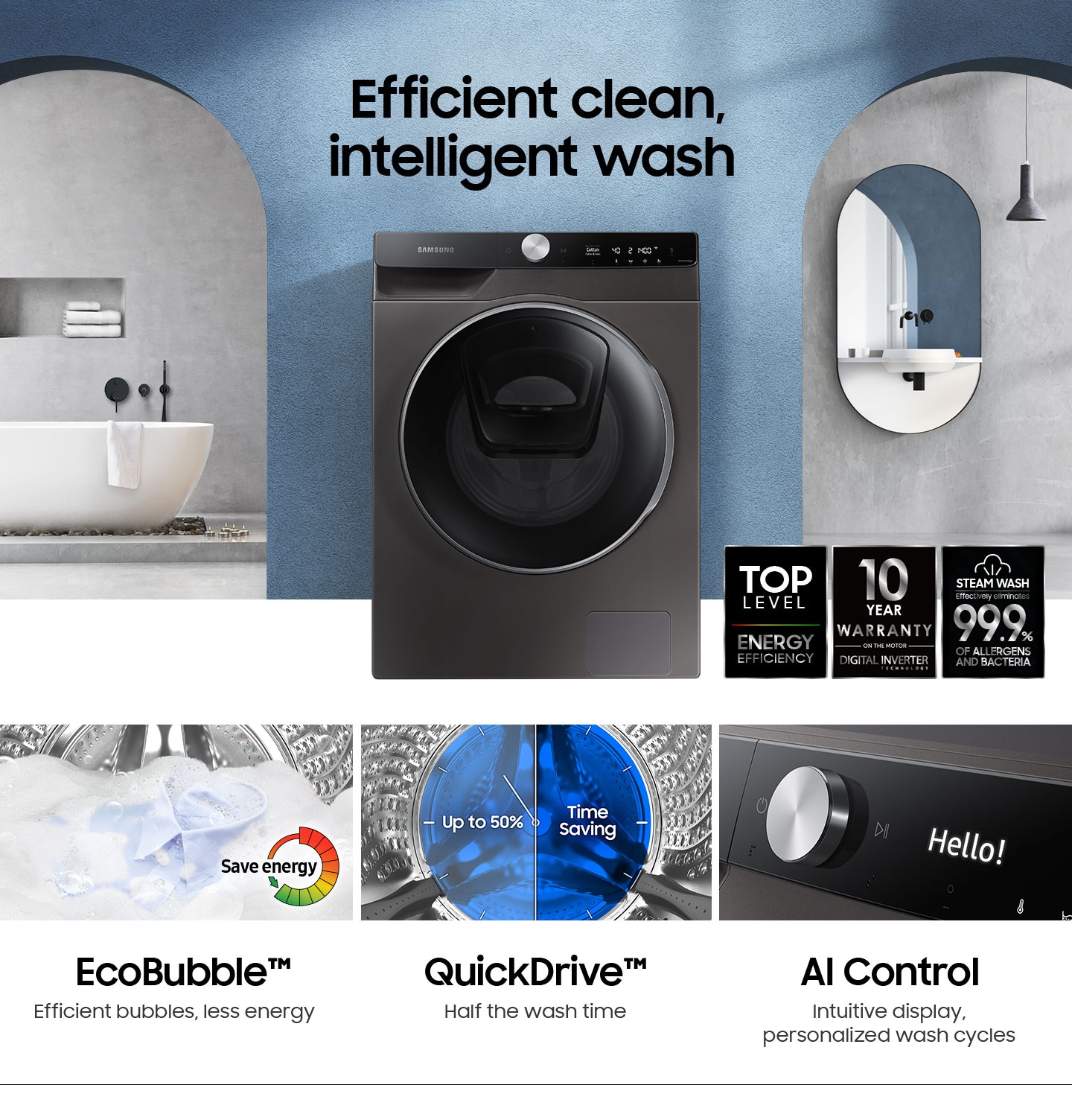 WW7800T features efficient clean, intelligent wash. It has Top level of energy efficiency, 10 year warranty on the Digital Inverter motor and effectively eliminates 99.9% of allergens and bacteria with steam wash. Eco Bubble saves energy as create bubble efficiently with less energy. Quick Drive is Time saving function which half the wash time up to 50%. AI control intuitively displays and personalizes wash cycles.