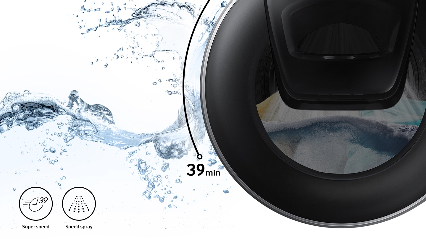 Strong water streams are visible inside the washer door while Super Speed and Speed Spray features are shown in icons.